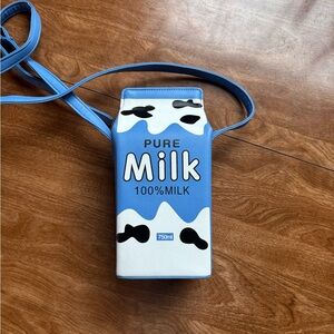 Blue and White Novelty Milk Carton Crossbody Bag